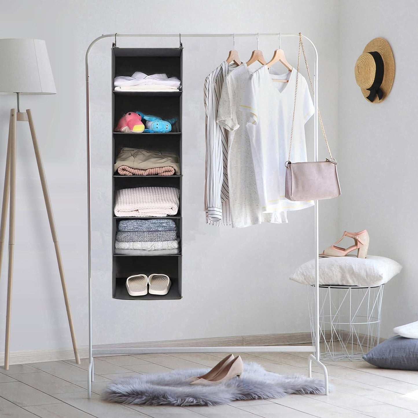 MAX Houser 6 Tier Shelf Hanging Closet Organizer, Closet Hanging Shelf with 2 Sturdy Hooks for Storage, Foldable (Grey)