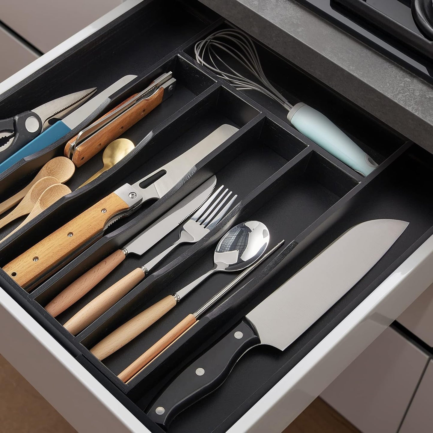 2-Piece Expandable Bamboo Kitchen Drawer Organizer for Cutlery and Utensils, Adjustable Bamboo Wood Cutlery Tray in Drawer for Flatware and Silverware in Kitchen, (Black)