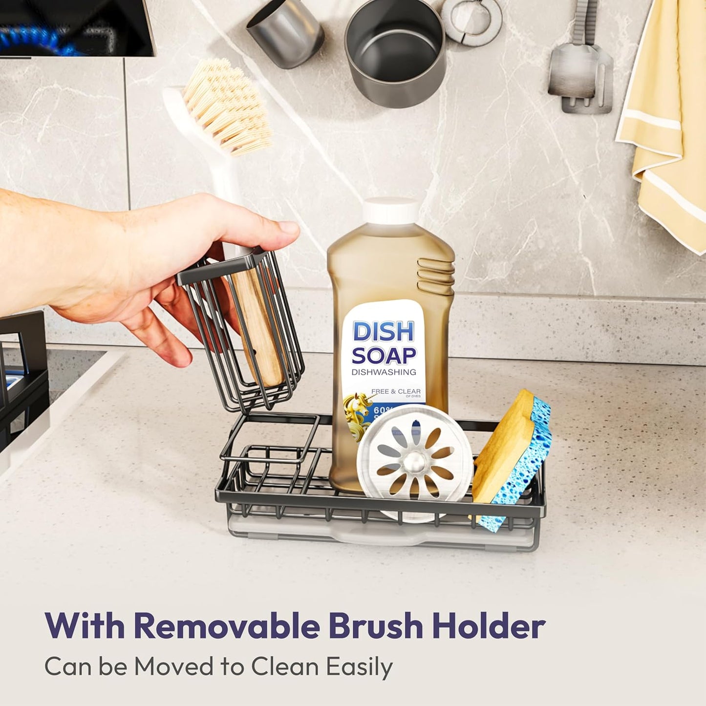 SWTYMIKI Sink Caddy Sponge Holder - Kitchen Sink Organizer with High Brush Holder for Countertop to Hold Dish Soaps and Sponges, Stainless Steel, Black