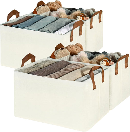 GRANNY SAYS Closet Storage Baskets, Collapsible Fabric Storage Bins with Metal Frame, Clothes Organizer Bins, Large Baskets for Shelves, Ivory, 4-Pack