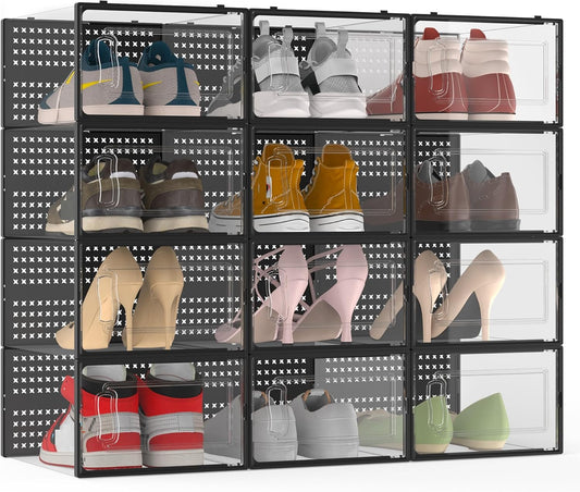 12 Pack XXX-Large Modular Clear Plastic Stackable Shoe Storage Organizer for Closet, Space Saving Versatile Sneaker Shoe Rack Containers Bins Holders, Portable Closet Organizers and Storage, Black