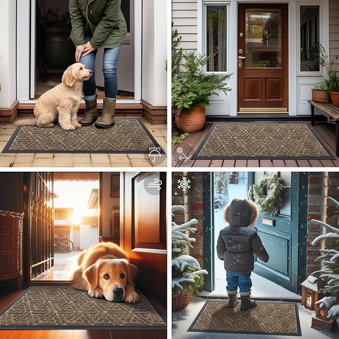 Smiry Front Door Mat Outside Entrance, Heavy Duty Sturdy Natural Rubber Doormat, Trap Dirt and Moisture, Easy Clean Low Profile Mats for Indoor Outdoor Entry, Grid Geometric (29.5x17, Brown)