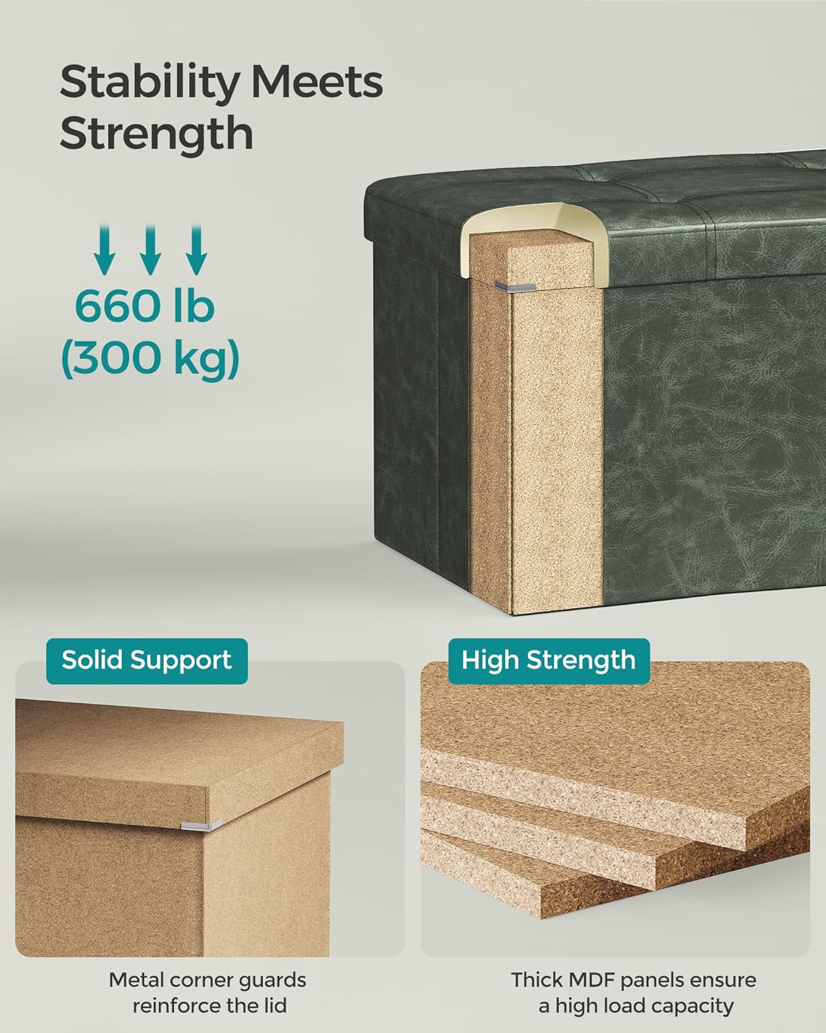 SONGMICS Mazie Collection - 43 Inches Folding Storage Ottoman Bench, Ottoman with Storage, Foot Rest Stool, Load 660 lb, for Living Room, Synthetic Leather, Forest Green ULSF070C01