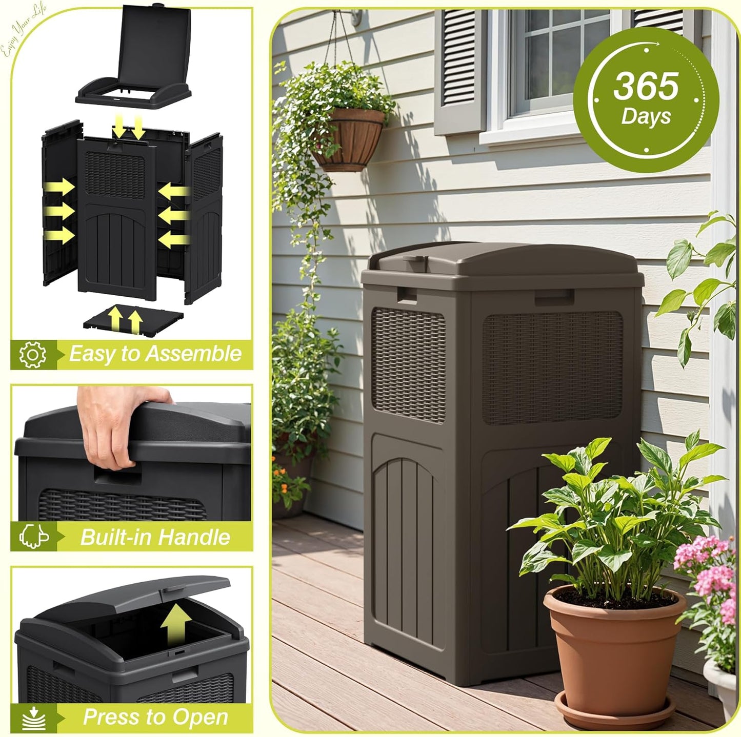 Greesum 33 Gallon Outdoor Trash Can with Lid, Waterproof Resin Garbage Bin for Hideaway, Deck, Patio, Brown