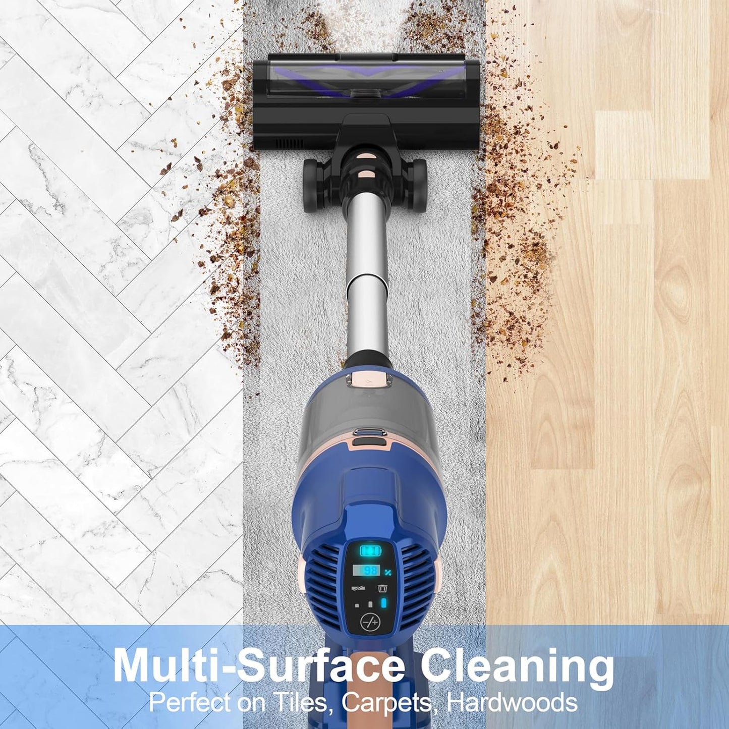Cordless Vacuum Cleaner for Home, 45Kpa 300W 60Mins Stick Vacuum Cleaner with Touch Screen, 8-in-1 Rechargeable Battery Cordless Vacuum, LED Lightweight Vacuum for Pet Hair Carpet Hardwood Floors