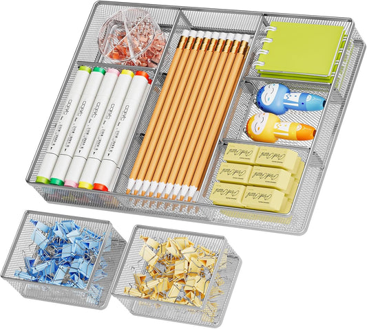 Marbrasse 3 Packs Desk Drawer Organizers, Metal Mesh Dividers with 9 Adjustable Compartments, Pen Organizer for Drawer Tray Box Accessories for Desktop,Kitchen, Makeup(Silver)