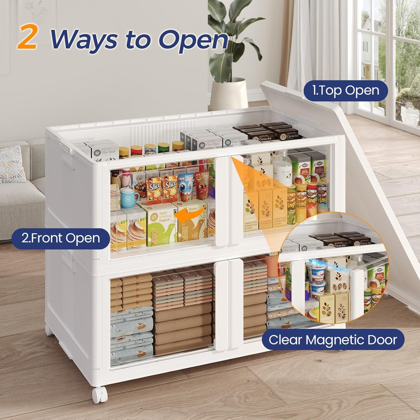 150GAL Large Stackable Storage Bins with Lid and Wheels, 600Qt Collapsible Organizer Cabinet with Clear Door, for Closet, Bedroom, Kitchen, Garage, 3-Pack White