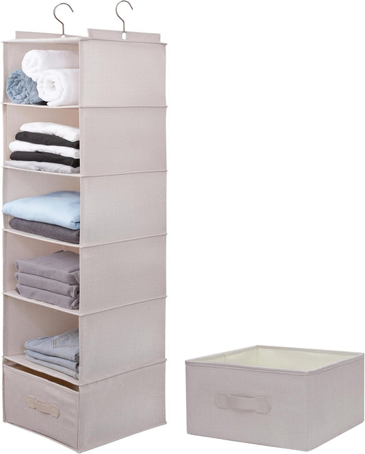 Large Hanging Sweater Organizer for Closet,Collapsible 6-Shelf Hanging Closet Shelves with Drawers, Washable (Beige -6 Shelf-1 d)