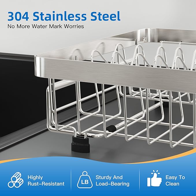 romision Expandable Dish Drying Rack Over The Sink Small Metal Stainless Steel Plate Holder for Compact Kitchen, Space Saving Modern Silver Hanging Drainer