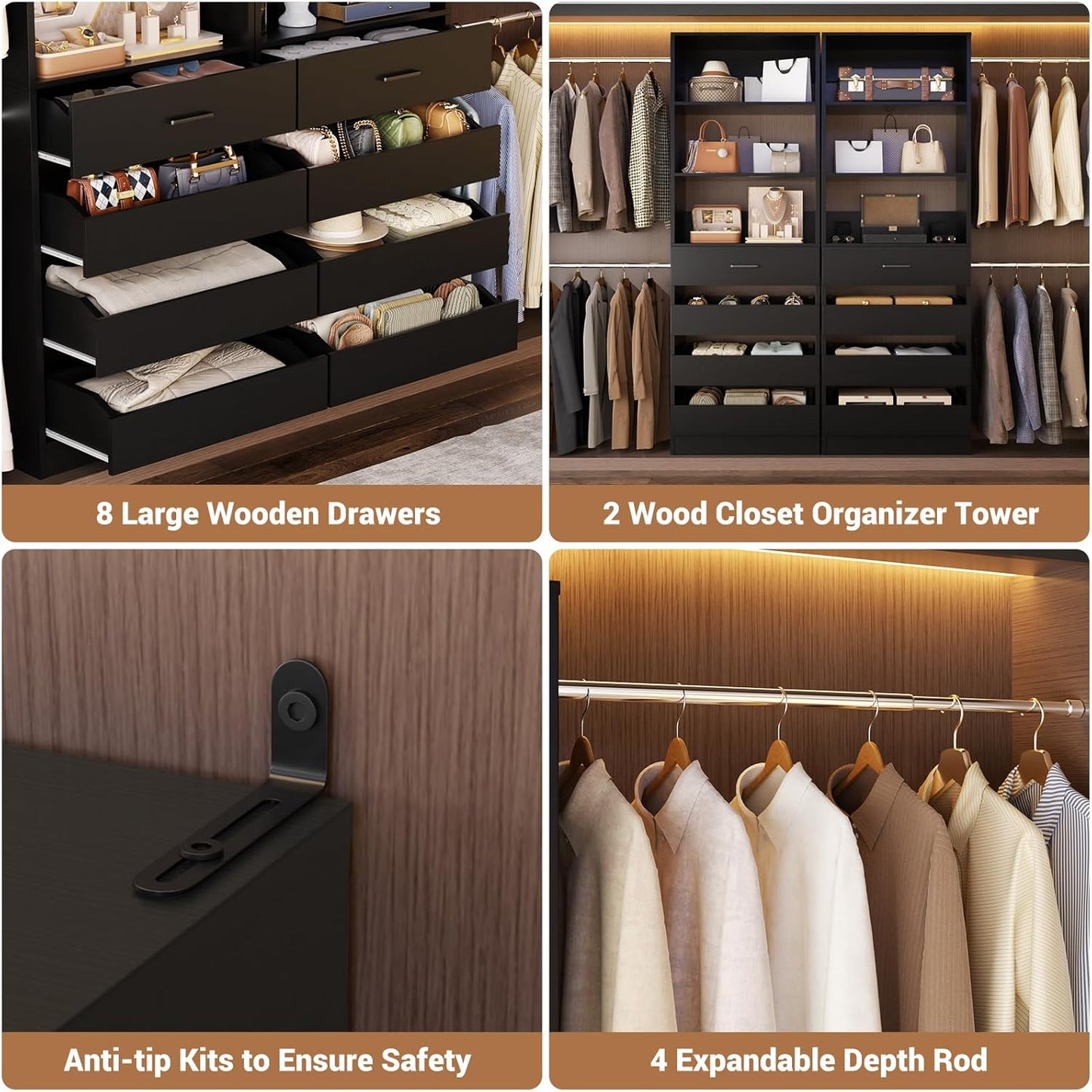 Aheaplus Closet System, 6-15Ft Closet Organizer with 8 Wooden Drawers, Wood Closet Organizer System with Tower, Walk-in Closet Organizer Wardrobe Clothes Rack with 4 Hanging Rods, Garment Rack, 1Black