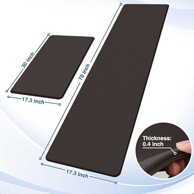 StepRite Kitchen Mats, 2PCS Kitchen Rugs, Cushioned Anti Fatigue Kitchen Mats for Floor, Non-Slip Standing Desk Mat, Waterproof Kitchen Rug Set for Kitchen, Floor, Office,17.3"x30"+17.3"x70",Chocolate