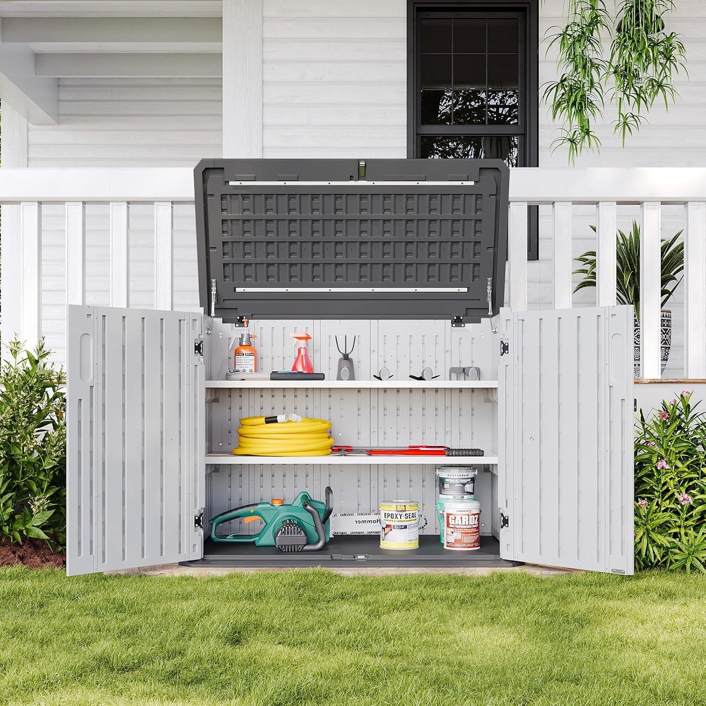 Aoxun White Outdoor Storage Cabinet with 2 Shelves, 35 Cu.Ft Trash Can Storage Shed, Waterproof, Horizontal Storage for Garbage Bin, Generator, Lawn Mower