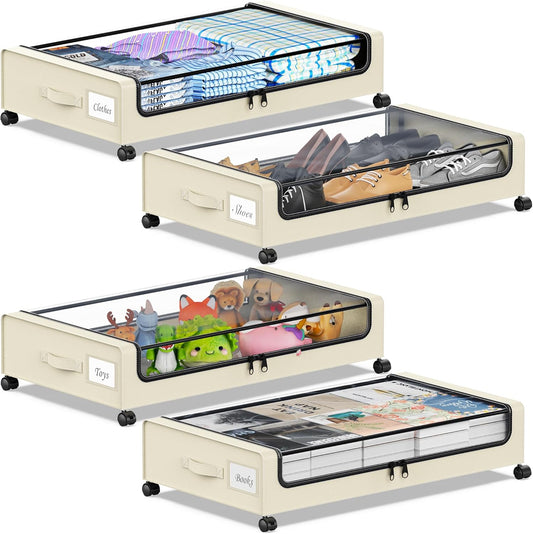 Under Bed Storage with Wheels, Under the Bed Storage Containers with Clear Lids & Label, Underbed Storage Bins, XXL 60L Rolling Metal Drawer for Clothes, Shoes, Toys, Books (4-Pack Beige)