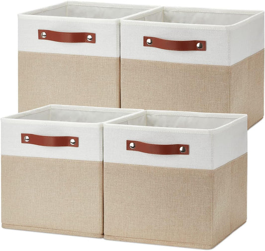 Temary Fabric Storage Cubes Bins, 11 inch Cube Storage Baskets, Foldable Cube Bins Set with Handles, Decorative Storage Boxes for Home Organizing (White & Khaki, 11 x 11 x 11)