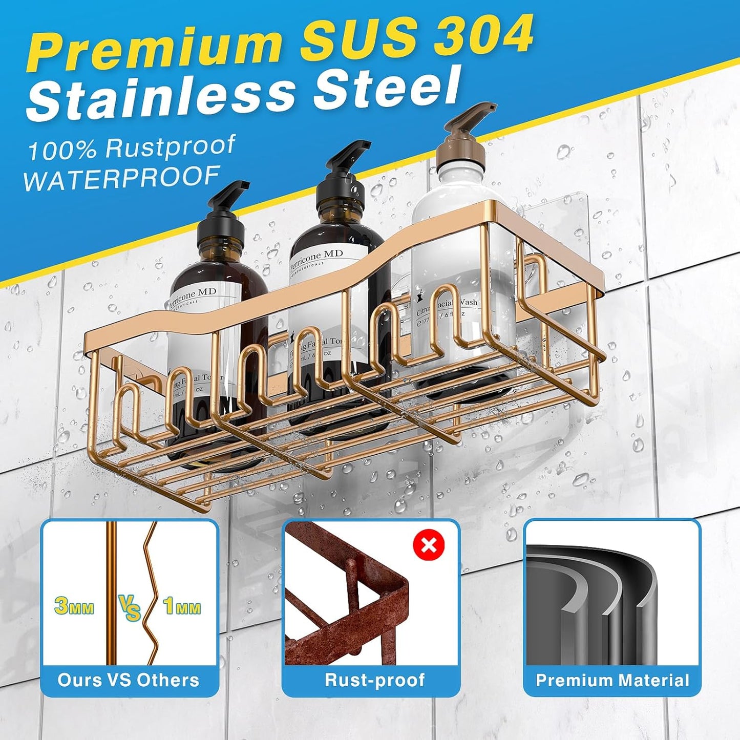 EUDELE 5-Pack Rustproof Stainless Steel Shower Caddy – No Drill Adhesive Bathroom Organizer with Large Capacity, Spacious Shower Shelves for Inside Shower, Kitchen & Home Decor Storage-XL Size