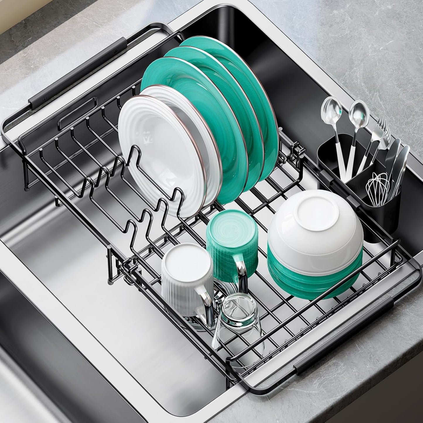 Dish Drying Rack in Sink - Expandable (14.5''-18''L) Over The Sink Dish Rack with Utensil Holder, Space-Saving Dish Drainer for Kitchen Counter, 1 Piece, Matte Black