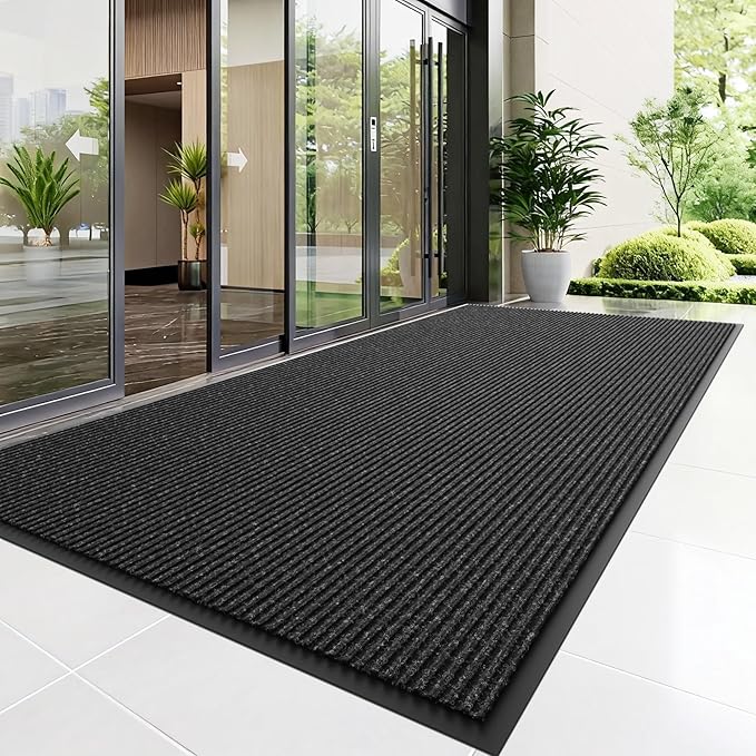 Front Door Mat, 5' x 4' Heavy Duty Indoor Outdoor Door Mat Entrance, Commercial Welcome Mats, Stain and Fade Resistant, Durable Rubber Backing, Low Profile Entry Mat for Patio, Black Stripe