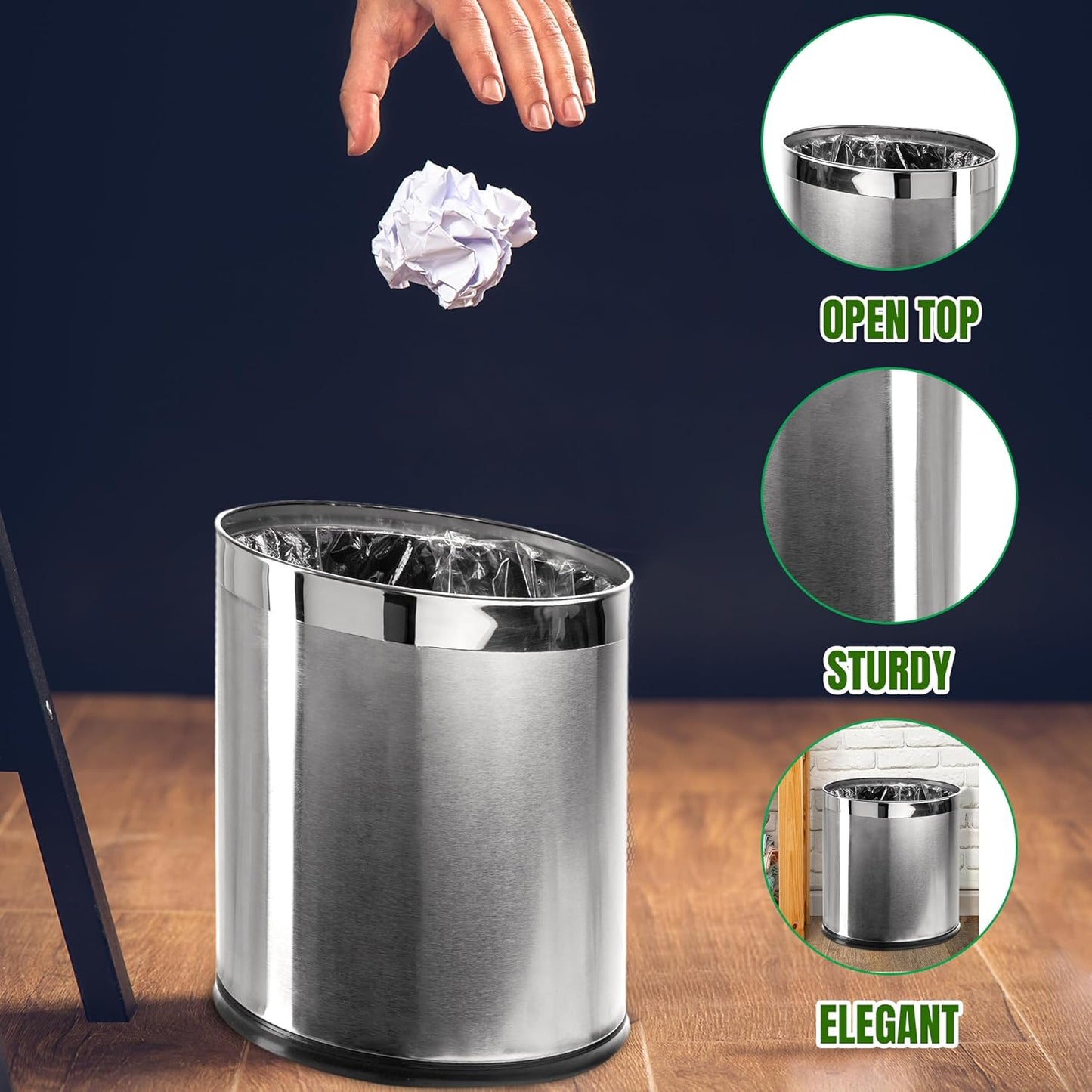 Invisi-Overlap' Open Top Stainless Steel Trash Can, Small Office Wastebasket, Modern Home Décor, Oval Shape