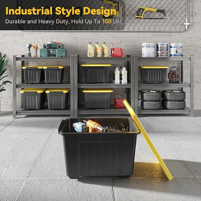 Nazhura 72 Quart Plastic Storage Bin, Stackable and Nestable Storage Boxes with Yellow Lids and Secure Latching Buckles, Large Storage Container (Black/Yellow, 72Quart-4Pack)