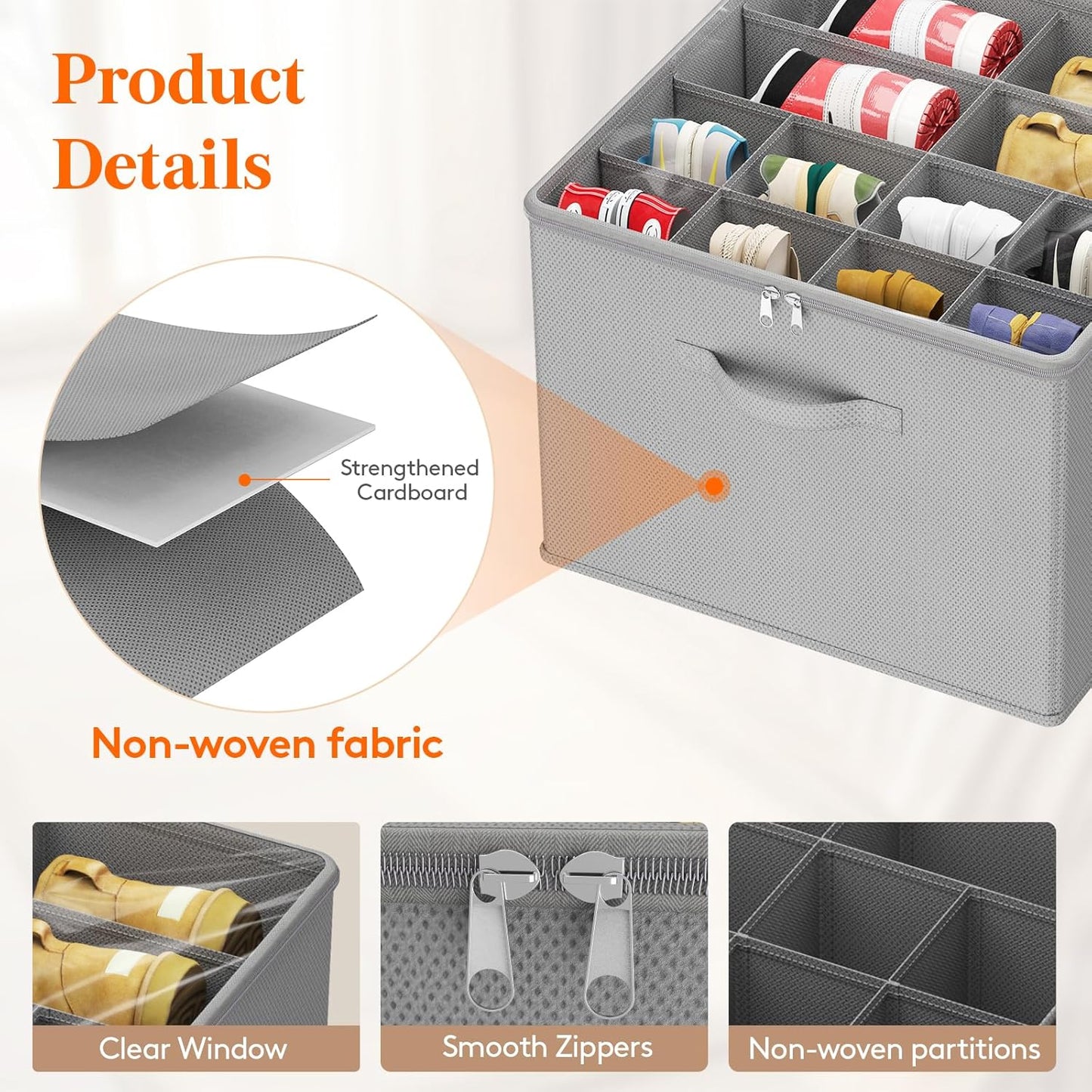 Lifewit Shoe Storage Organizer for Closet Fits 12-16 Pairs, Fabric Large Shoe Box Storage Containers with Clear Cover, Foldable Bins Fit for Boots Sneakers 17"(L) x 17"(W) x 12.5"(H) 1 Pack Light Gray
