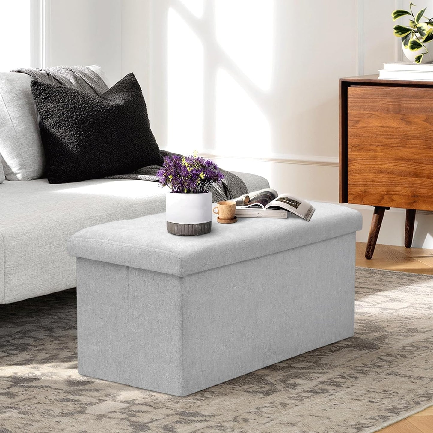 Athena Collection 30" Storage Ottoman Bench Folding Bench with 90L Hidden Storage, Large End of Bed Bench Linen Foot Rest Stool Chest with Flipping Lid for Living Room, Bedroom, Entryway, Light Gray
