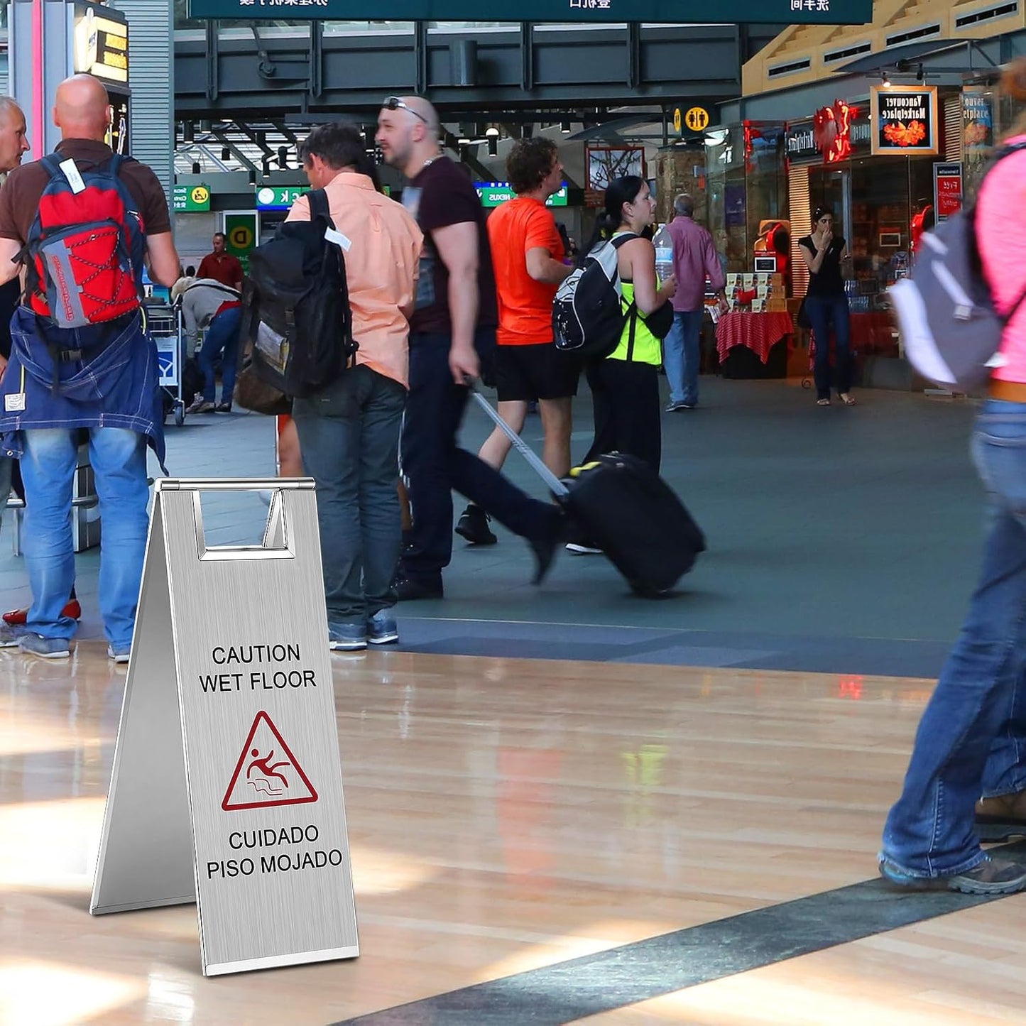 LEIFIDE Stainless Steel Wet Floor Caution Sign Bulk 8.8 Pound Portable Foldable Handle Bilingual Safety Sign for Kitchen Restaurant Supermarket Shop Commercial Use Avoid Fall and Slip Accident
