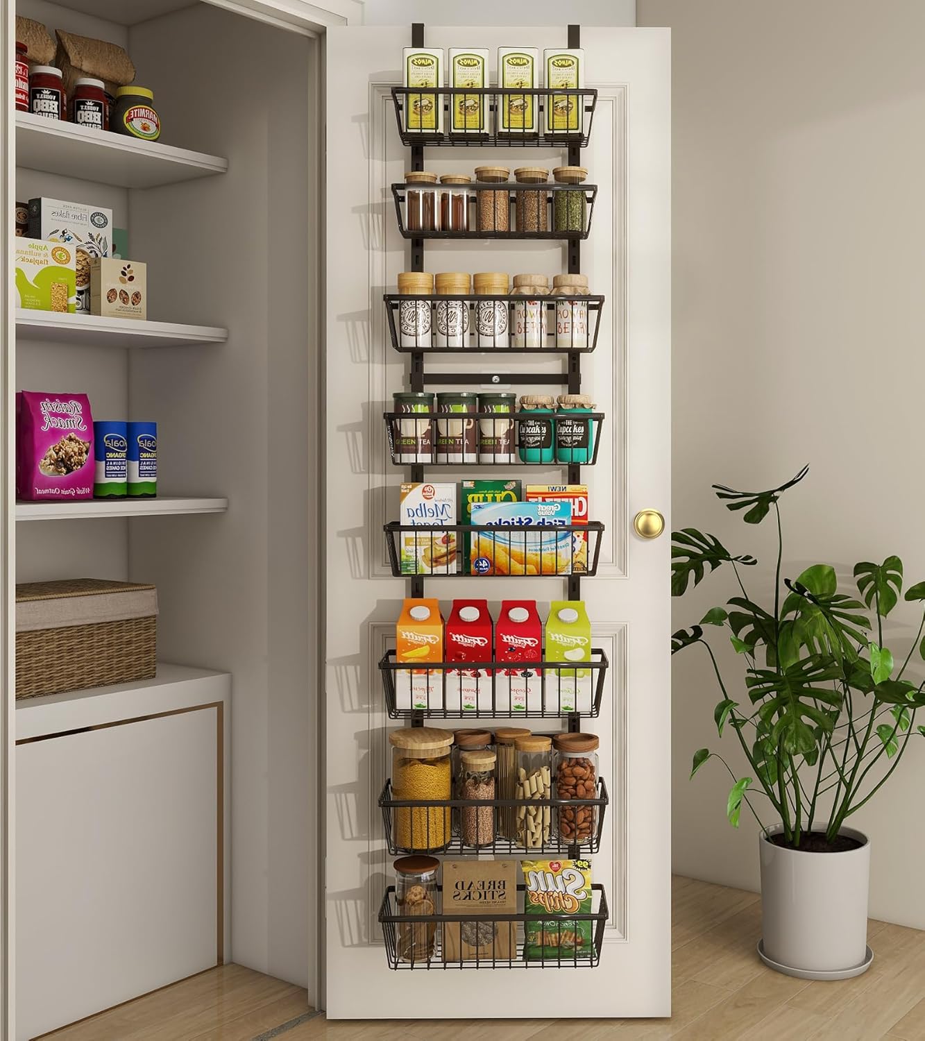 12 Inch Wide Narrow Over The Door Pantry Organizer, Pantry Organization and Storage, Black 8-Tier Metal Hanging Deep Basket Wall Spice Rack Seasoning Shelves, Home & Kitchen Essentials