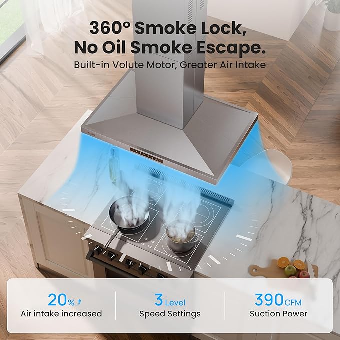 42In Island Range Hood, 390 CFM Stainless Steel Ducted Island Mount Range Hood, kitchen island vent hood with 3-Speed Fan, Touch/Gesture, 4 Stainless Steel Baffle Filters, Ceiling Mount