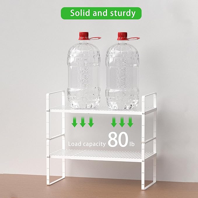 Expandable Cabinet Storage Shelf Stackable Organizer Rack for Kitchen Bathroom Pantry Spice Cupboard Coffee Countertop Home Office Desk Heavy Duty Nonslip White Small 3 Packs