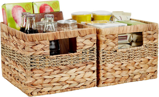 Water Hyacinth Wicker Basket, Decorative Woven Baskets with Built-in Handles, Hand-woven Storage Organizer for Organizing Pantry, Livingroom, Bedroom, Shelves, Toilet(2-PACK, Blended)
