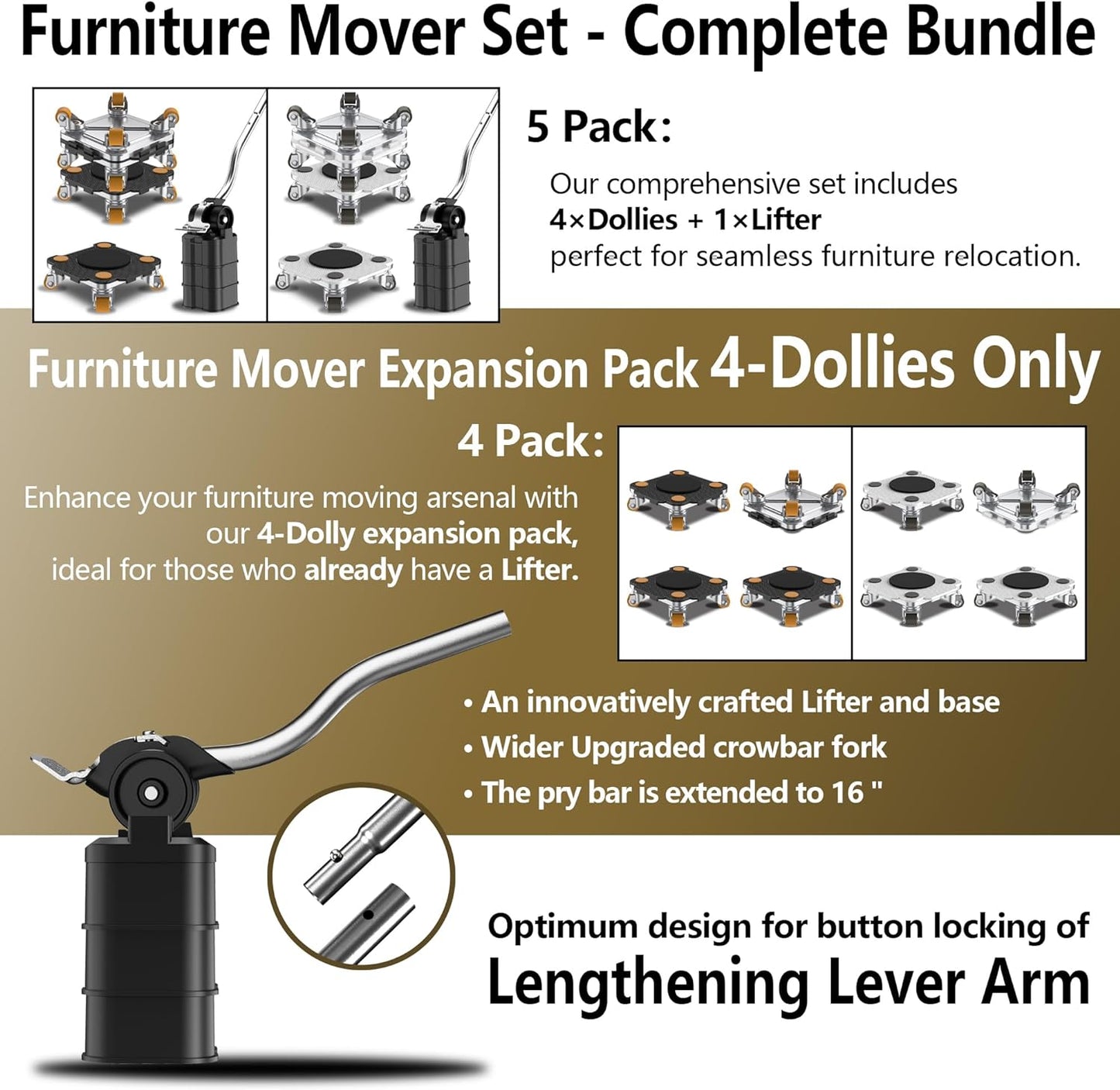 ONEON Furniture Mover Pro Set - Enhanced Dolly and Lifter with Custom TPE Wheels for Easy Furniture Lifting and Moving - Professional Tool for Effortless Furniture Transport (Black 4Dollies + 1Lifter)