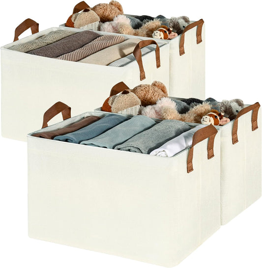 GRANNY SAYS Closet Storage Baskets, Collapsible Fabric Storage Bins with Metal Frame, Clothes Organizer Bins, Extra Large Baskets for Shelves, Ivory, 4-Pack