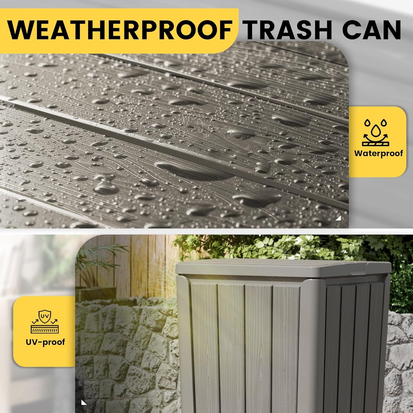 Outdoor Trash Can with Lid, Waterproof Resin Garbage Can with Tiered Lid, Outside Trash Bin for Patio, Kitchen, Backyard or Deck