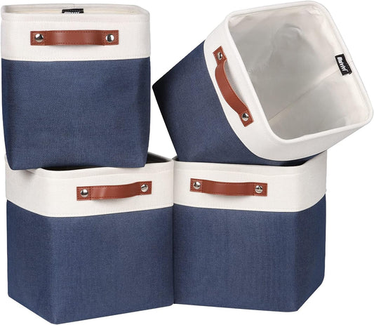 Univivi Fabric Cube Bins Set of 4 Storage Baskets with PU Handles for Home Closet Foldable Storage Bins (Blue, 10.5" x 10.5" x 11")