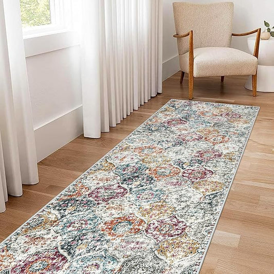 Lahome Moroccan Trellis Hallway Runner Rug, 2x6 Kitchen Runner Rugs Non Skid Washable, Vintage Laundry Room Rug Ultra-Thin Long Carpet for Bathroom Bedroom Entryway, Aqua/Multi