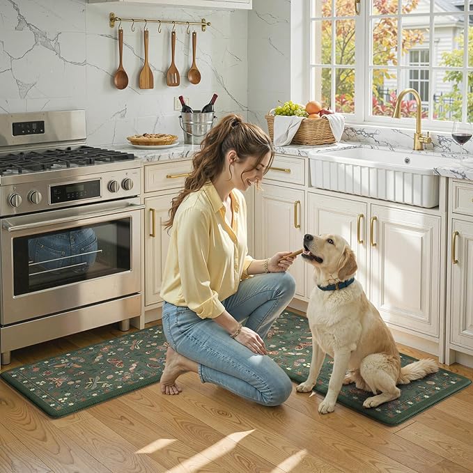 LEEVAN Anti Fatigue Mats for Kitchen Floor Non-Slip, Cushioned Kitchen Mats for Floor 2 Piece, Green Memory Foam Kitchen Mat Set, Waterproof Ergonomic Standing Mat for Bar, Office,Desk, Laundry
