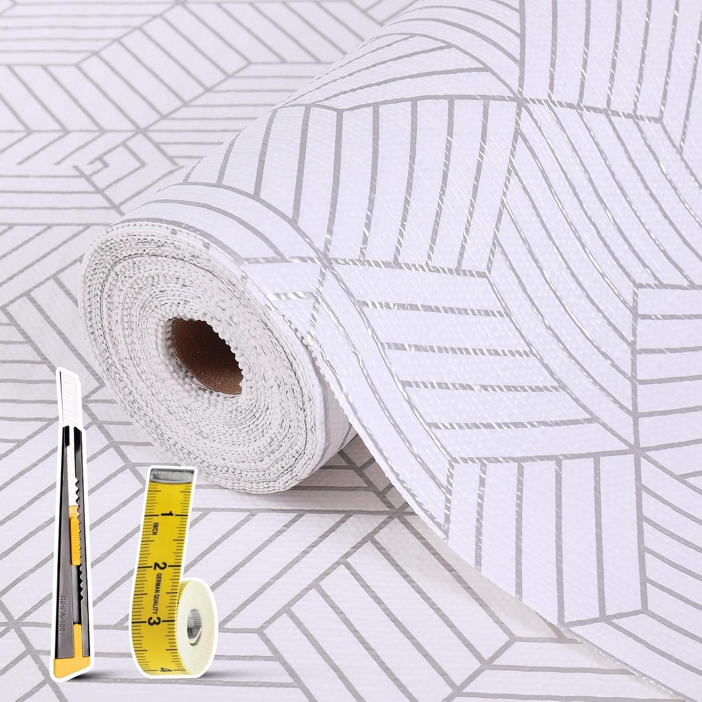 Shelf Liners for Kitchen Cabinets Non Adhesive Shelf Liner Paper Non-Slip Thickened Drawer Liner Easy to Clean for Tool Box Refrigerator with Knife and Tape Measure, Silver Geometric, 17.3 x 236.2 in