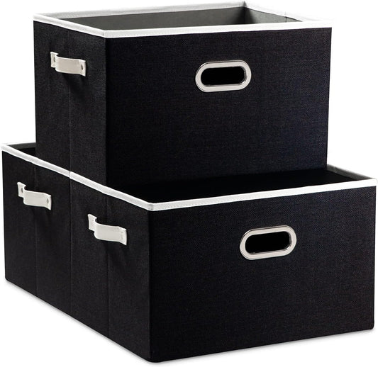 PRANDOM Larger Collapsible Storage Bins for Closet [3-pack] Decorative Linen Fabric Storage Baskets Cubes with Leather/Metal Handles for Living Room Black (17.3x12.2x10.4 Inch)