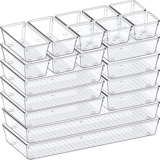 Criusia Drawer Organizer, 5-Size Versatile Bathroom and Vanity Organizer Trays, 20 Pack Clear Plastic Kitchen Drawer Organizers Set, Storage Bins for Makeup, Bathroom, Jewelries and Office