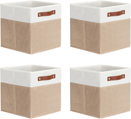 DULLEMELO 11 inch Cube Storage Bins,Fabric Storage Cubes for Organizing,Collapsible Foldable Linen Canvas Closet Storage Bins for Shelves Closet Bedroom Toys Home Office(White&Khaki)