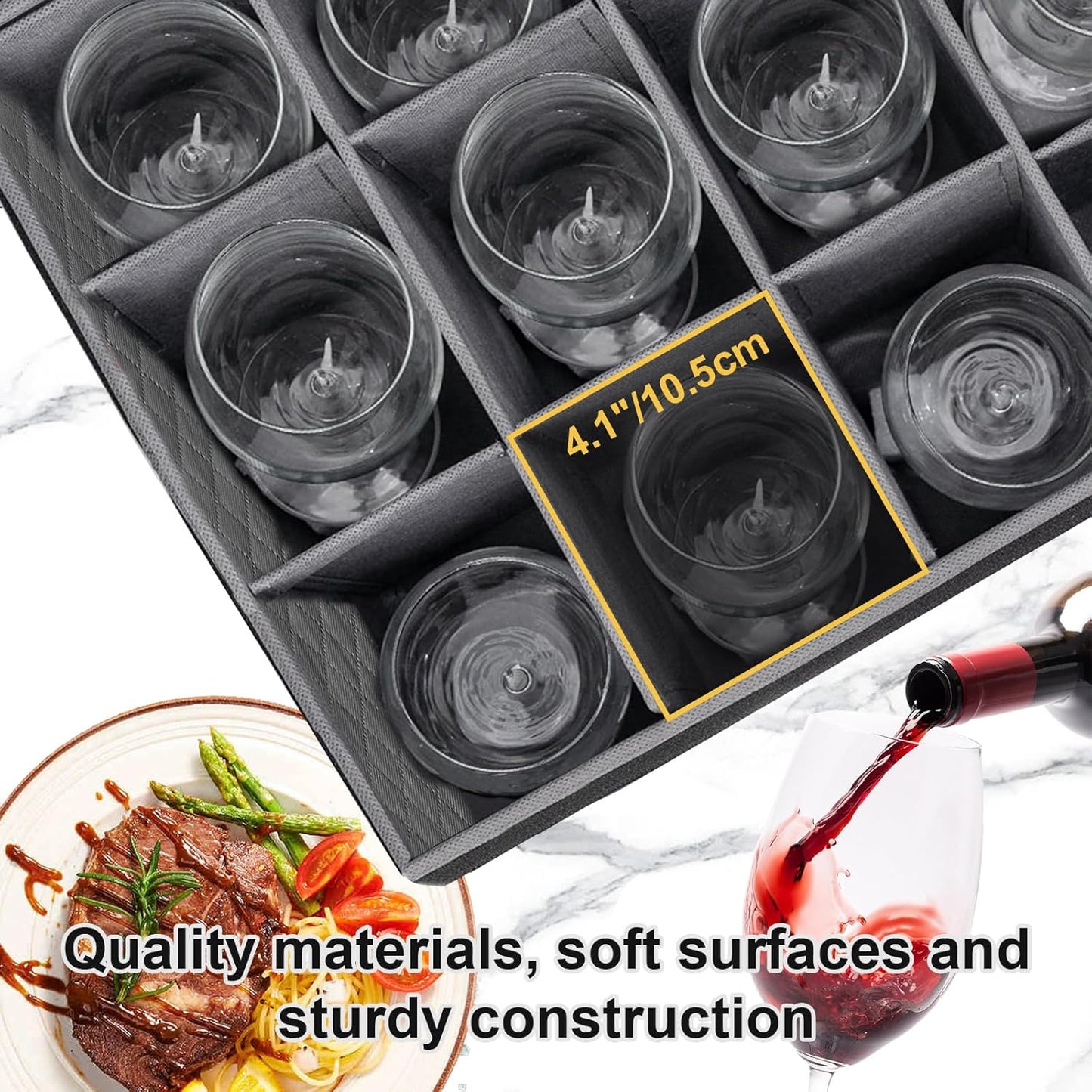 homyfort Wine Glass Storage Box, China Storage Containers with Dividers, Stemware Storage Case Holds 12 Wine Glass or long stem Crystal Glassware with Handles, Hard Shell and Stackable (Grey)