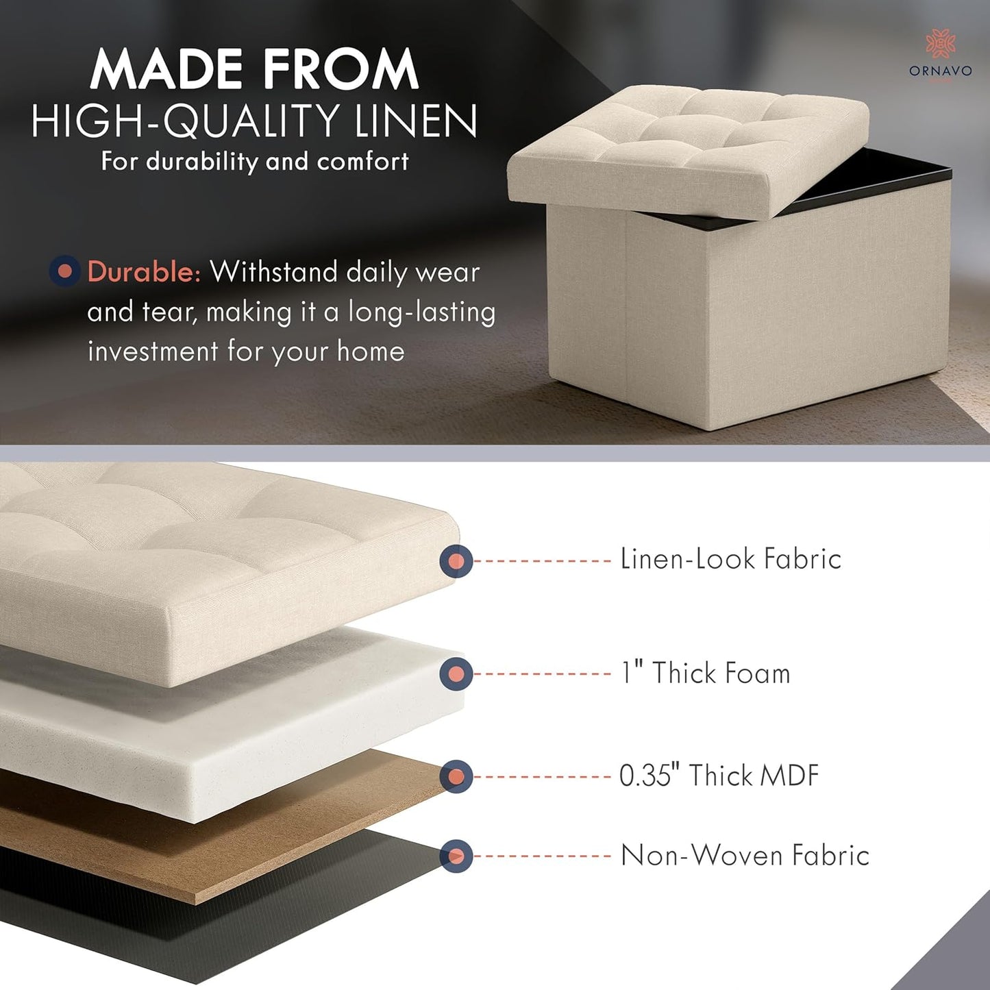 Ornavo Home Small Storage Ottoman, Set of 2, Foldable Collapsible Rectangle Linen Ottoman Foot Rest Stool Seat, for Living Room, Bedroom, Home Office, Dorm - 12 x 16 x 12, Beige