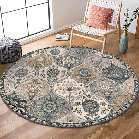 Lahome Moroccan Trellis Washable Round Rugs, Non-Slip Soft Round Rug 4ft Ultra-Thin, Small Vintage Circle Carpet for Entryway Kitchen Bedroom Nursery Bathroom, Grey