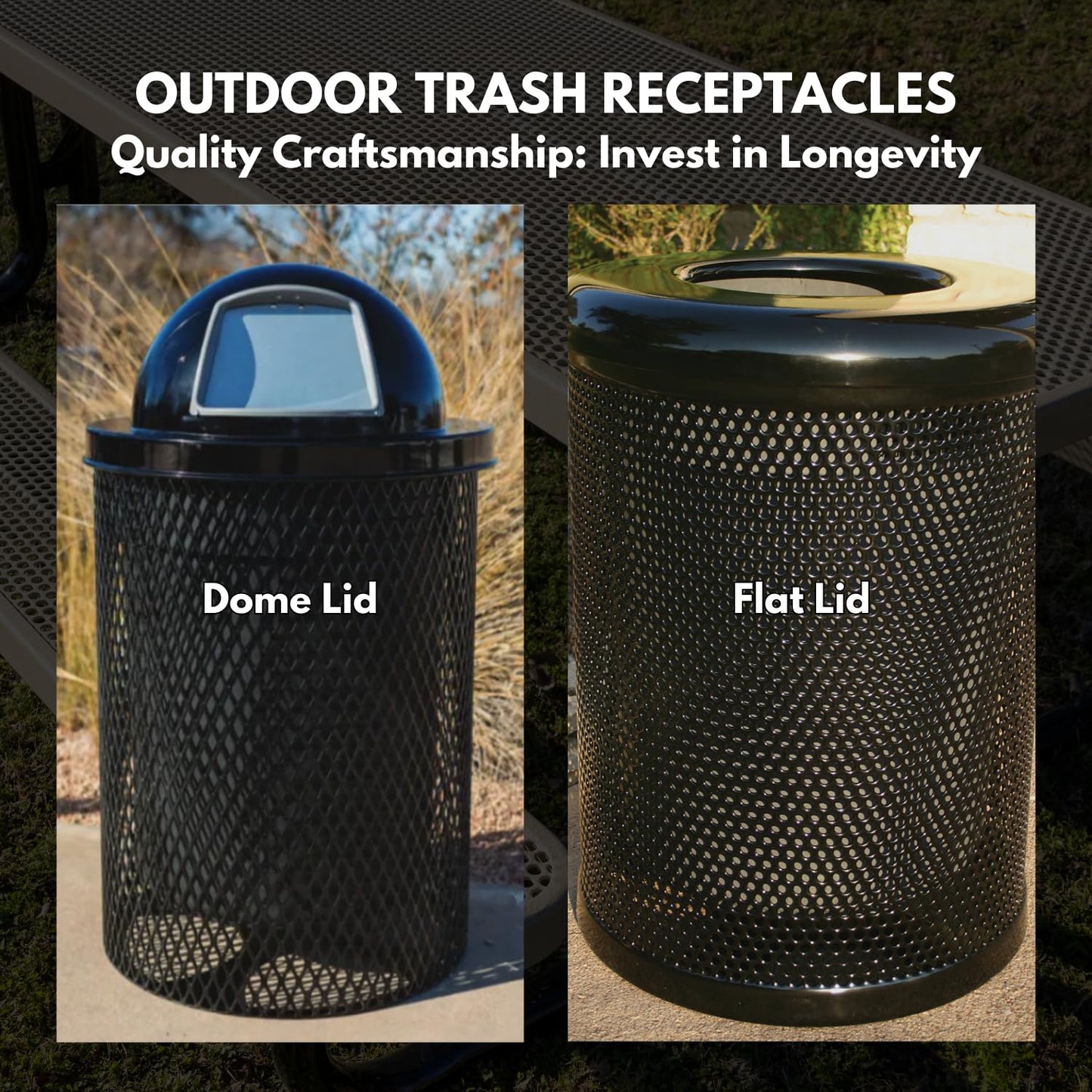COATEDOUTDOORFURNITURE RFT-TXTLBL Heavy Duty Round Trash Receptacle with Flat Top, Liner Included, 32 Gallon, Textured Light Blue, Made in America