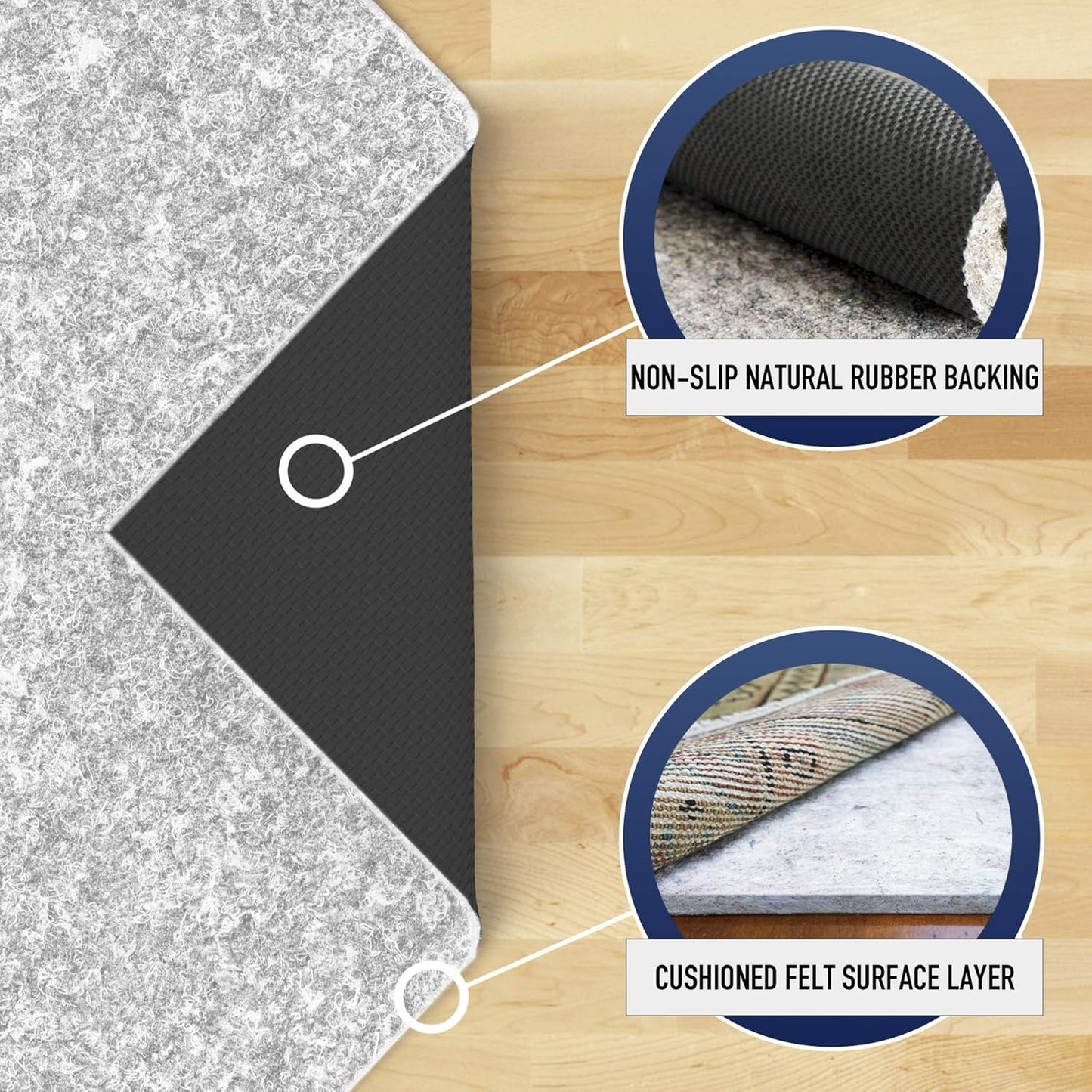 RUGPADUSA - Dual Surface - 5' Square - 1/4" Thick - Felt + Rubber - Non-Slip Backing Rug Pad - Safe for All Floors