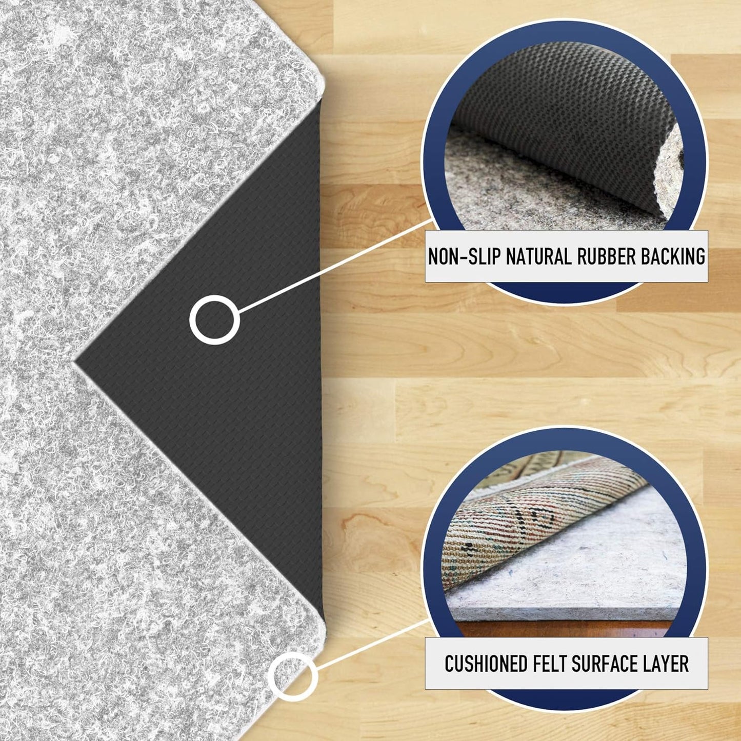 RUGPADUSA - Dual Surface - 5'3" x 7'6" - 1/4" Thick - Felt + Rubber - Non-Slip Backing Rug Pad - Safe for All Floors