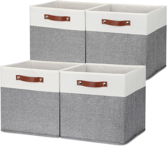 HNZIGE Foldable Storage Bins 13x13 Storage Cubes Set of 4 Fabric Linen Storage Baskets for Shelves Drawer with Handles Organizer for Shelves Toy Nursery Closet Bedroom