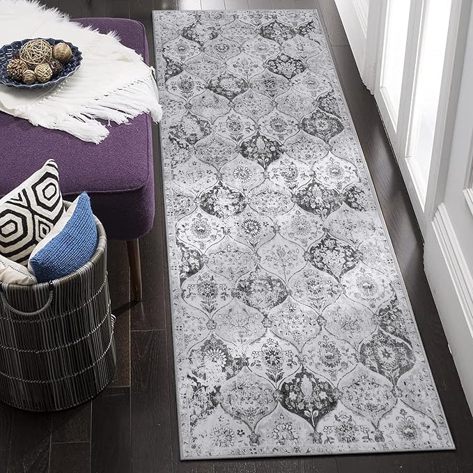 Lahome Moroccan Trellis Washable Runner Rug, 2x6 Kitchen Runners for Hallways 6 Feet Non Slip, Vintage Laundry Room Rug Ultra-Thin Long Carpet for Bathroom Bedroom Entryway, Silver/Grey
