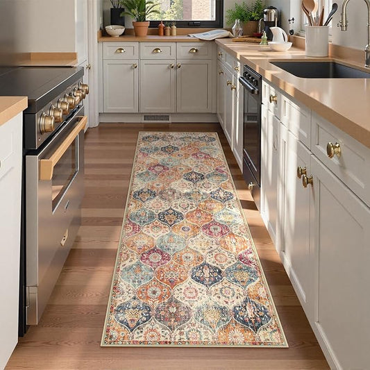 Lahome Moroccan Washable Kitchen Runner, 2x7 Runner Rug with Rubber Backing Non Slip, Vintage Hallway Rug Throw Carpet for Hallways Bedroom Laundry Room Entryway, Cream/Multi