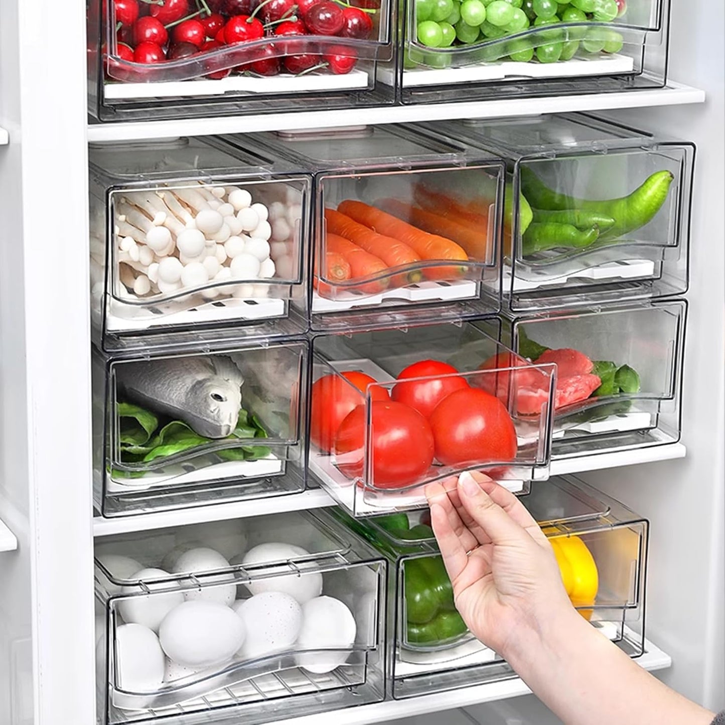 2 Pack Large Capacity Fruit Storage Containers for Fridge with Drain Board, Stackable Refrigerator Organizers Drawer,Reusable Food Storage Containers for Drinks, Meat,Vegetable,Produce,Fruit